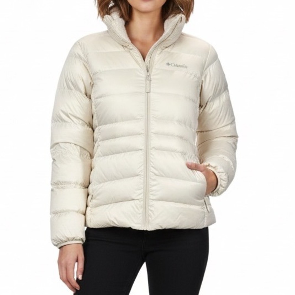 Columbia‎ White Autumn Park Down Jacket Large Omni-Heat Mink-Fleece Collar $130
